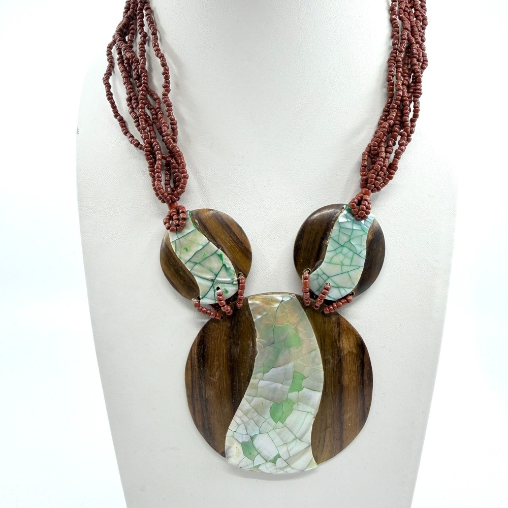 Boho Multi-Strand Wood & Mother of Pearl Inlay Necklace - Artisan Gift